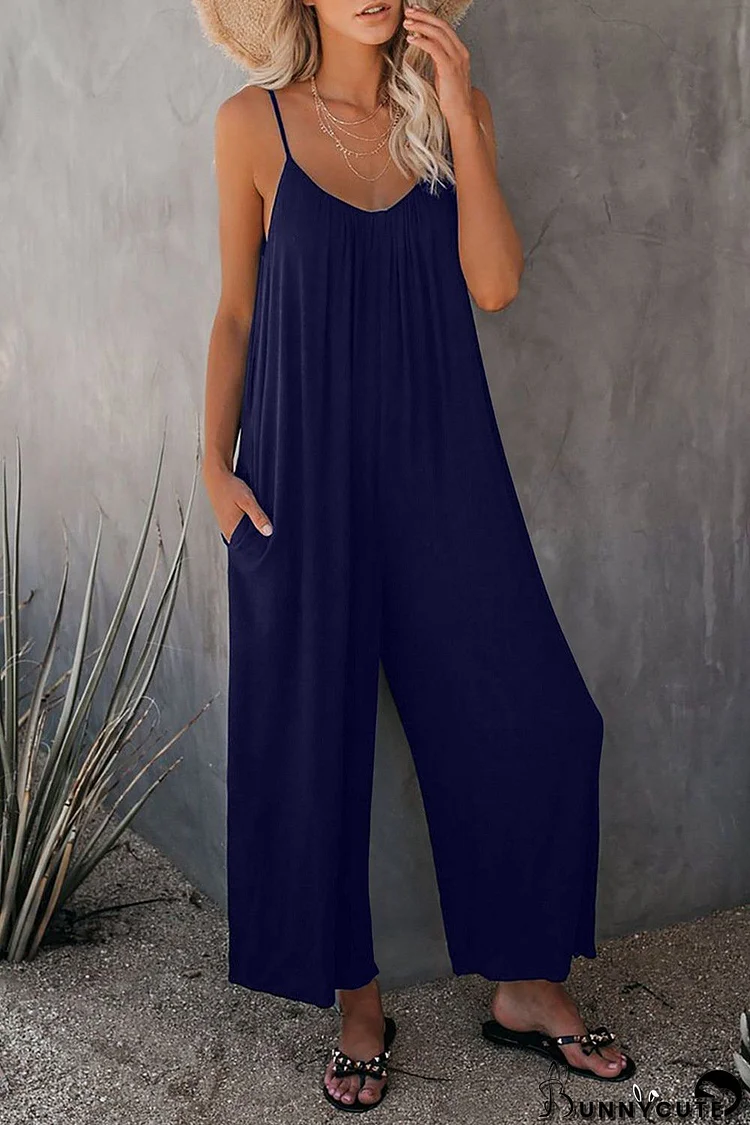 Strap Jumpsuit Women's New Solid Color Pocket Casual Jumpsuit