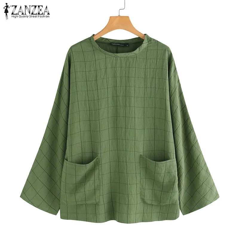 Vintage Check Shirts Women's Spring Blouse ZANZEA 2022 Casual Long Sleeve Blusas Female O Neck Tunic  Plaid Tops