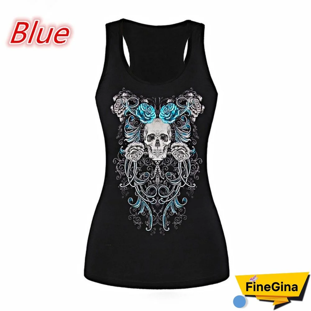 New Women's Skull Print Cut Out Back Tank Top Gothic Sleeveless Shirt Tops Racerback Vest Tops Plus Size XS-8XL