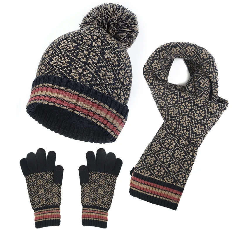 Jacquard Knit Hat Gloves Scarf Three-Piece Set