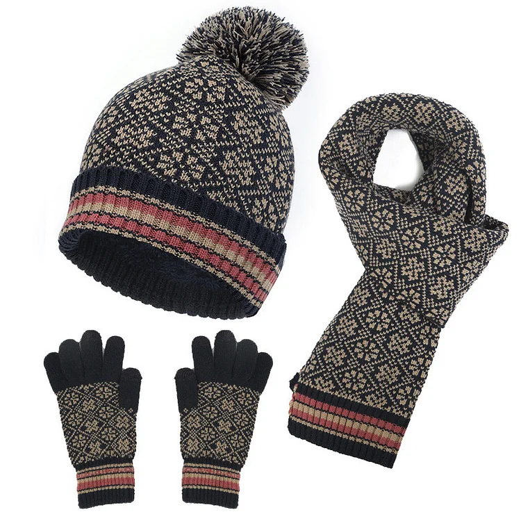 Comstylish Jacquard Knit Hat Gloves Scarf Three-Piece Set