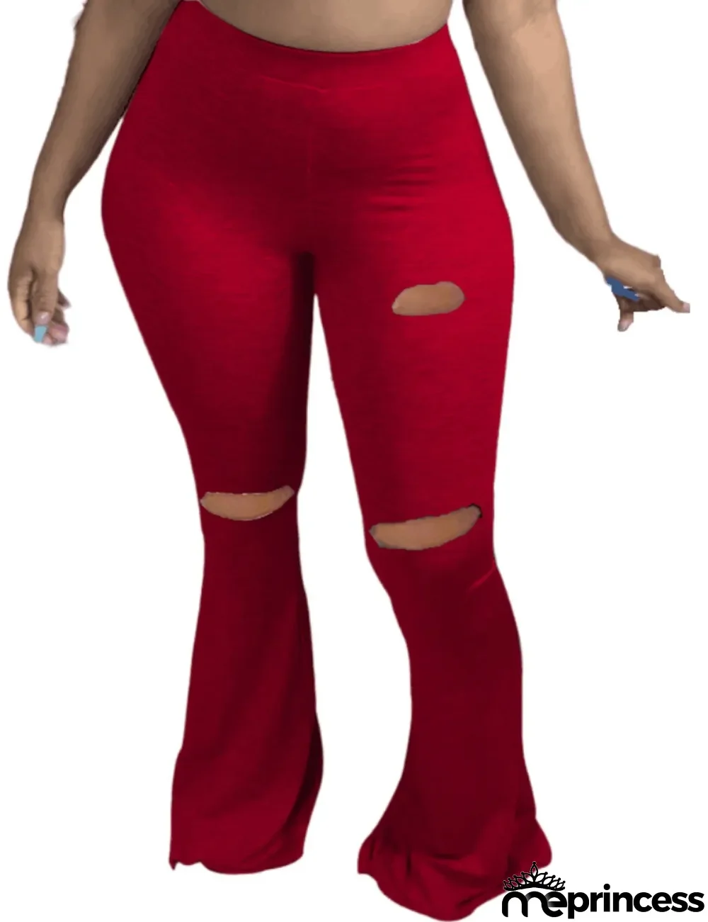 Solid Color High Waist Ripped Flare Pants
