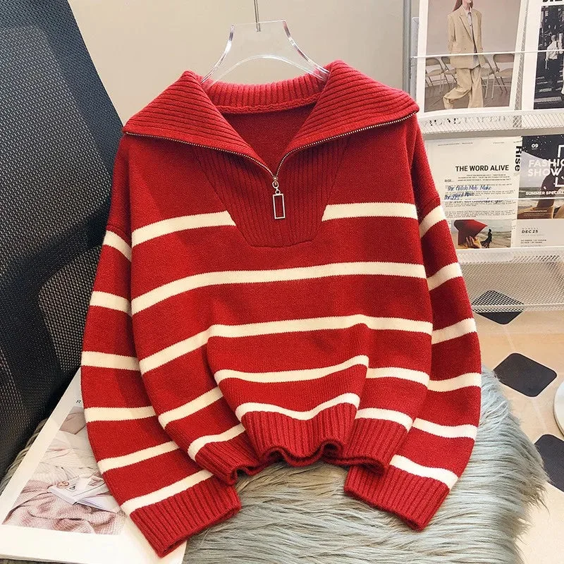 Tlbang Zipper Stripe Knitted Sweaters Women Autumn Winter Korean Style Lapel Loose Pullover Knitwear Casual Versatile Tops