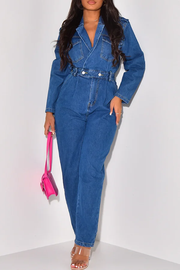 Casual Suit Collar Denim Jumpsuit