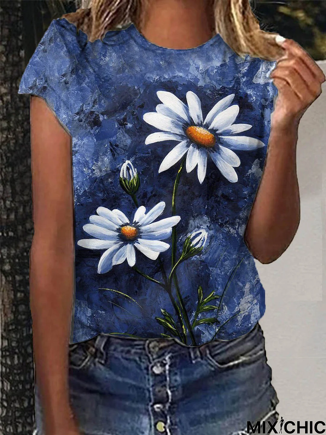 Women's Casual Crew Neck Short Sleeve Floral-Print Blue T-shirt