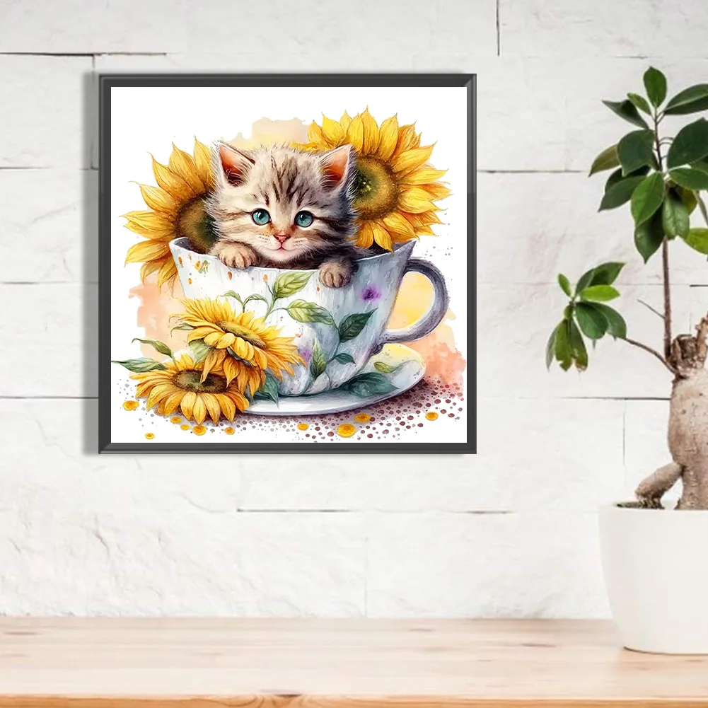 Diamond Painting - Full Square Drill - Cup Sunflower Cat(Canvas|35*35cm)