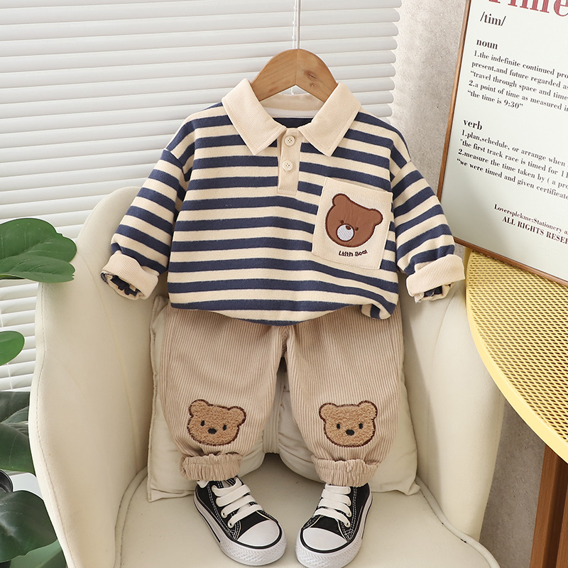 2pcs Toddler Bear Stripe Pocket Sweatshirt and Pant Set