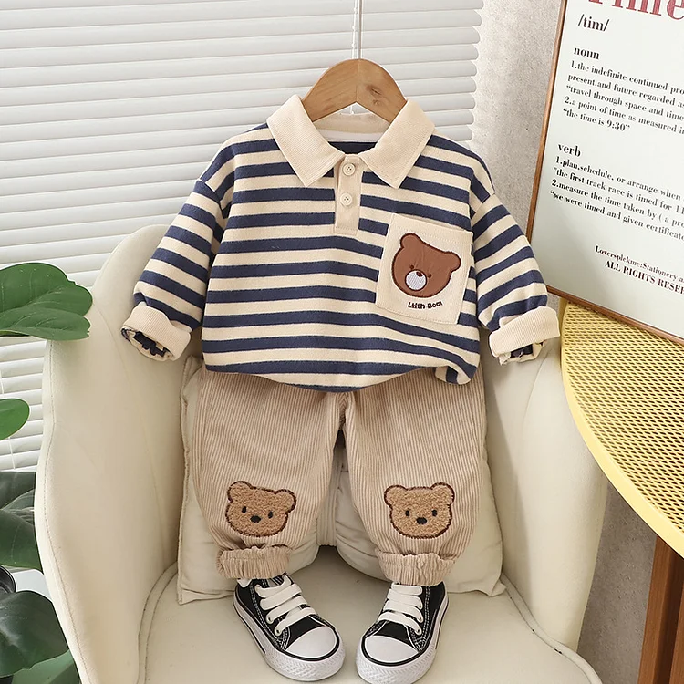 人気 ストライプ柄 プルオーバー 長袖 男の子 トップス+パンツ 幼児 2点セットアップ