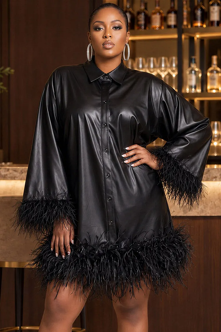 Xpluswear Design Plus Size Party Black Shirt Collar Flare Long Sleeve Feather PU Leather Mini Dresses [Pre-Order] 2024 - Xpluswear