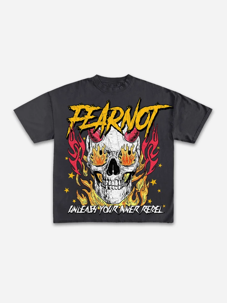 Utbros Fear Not Flaming Skull Print Cotton T-shirt