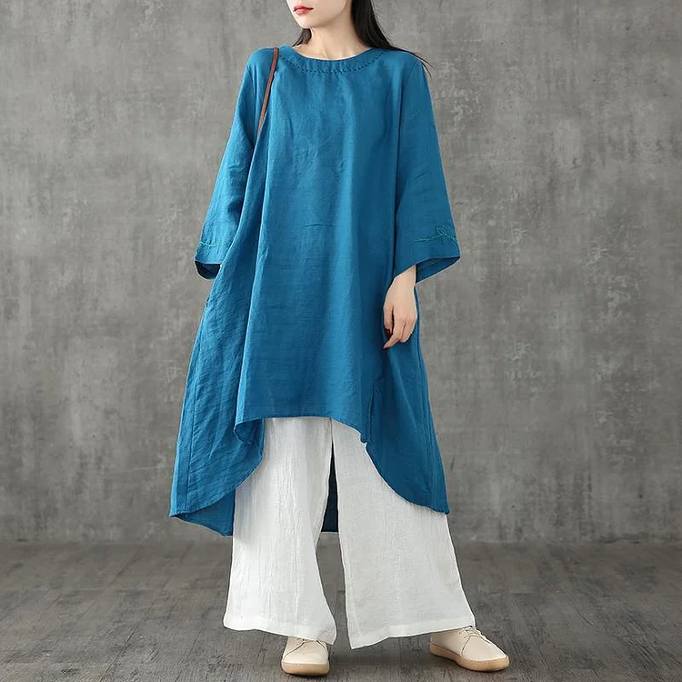 Elegant o neck patchwork linen clothes pattern blue Dress summer