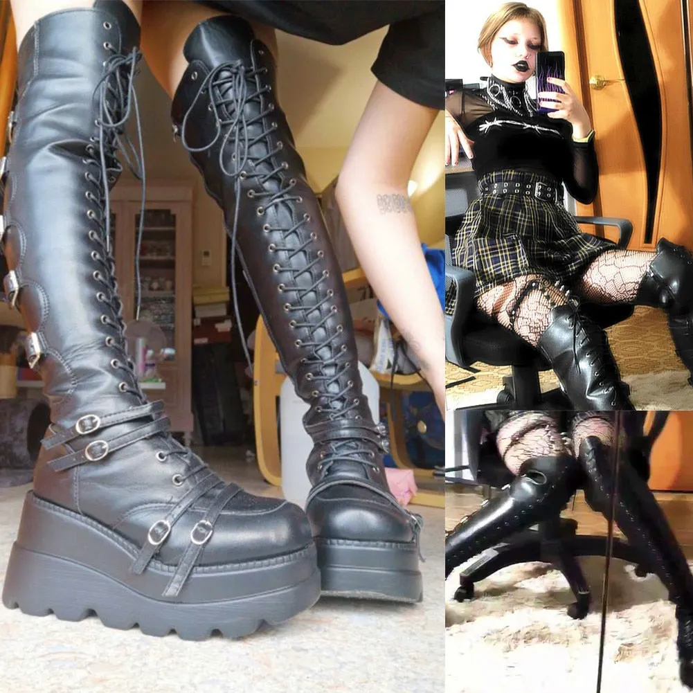Big Size 43 INS brand lady punk thigh high boots platform buckle wedges thick bottom women boots stylish cool street shoes woman