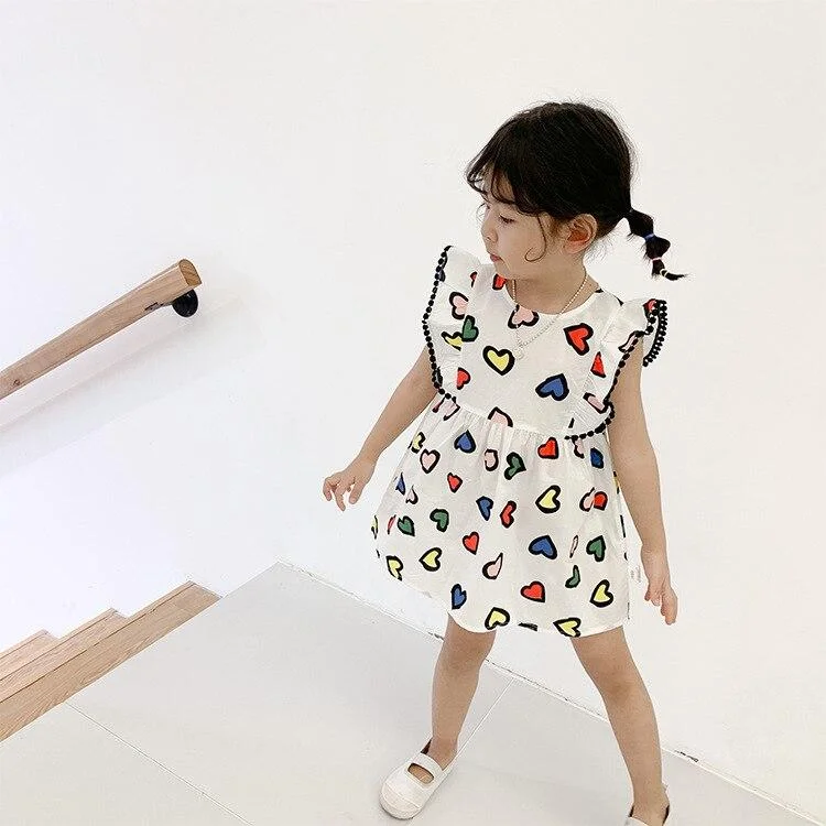 1-7T Toddler Kid Baby Girl Clothes Ruffle Heart Print Dress Elegant Cute Sweet Dress High waist Loose Spring Lovely Outfit