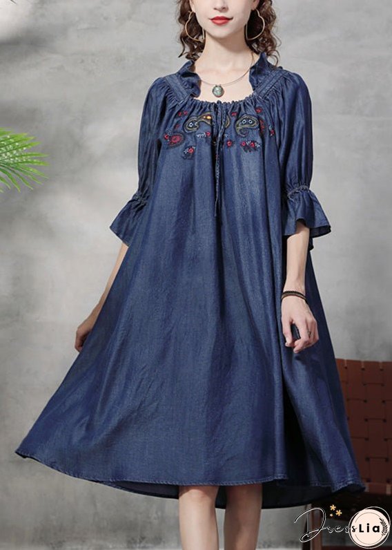Vintage Blue Square Collar Embroideried Floral Ruffled Patchwork Long Dresses Half Sleeve
