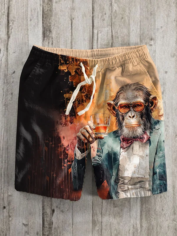 Men's Gentleman Monkey Whiskey Ink Splash Art Print Casual Shorts
