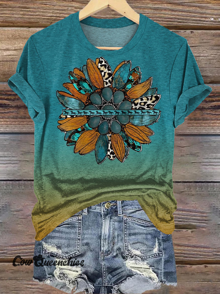 Vintage Turquoise Sunflower Print Casual T-Shirt Blue / S