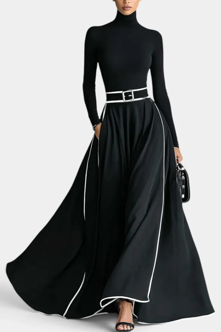 High-Neck Maxi Dress with Belted Contrast Trim