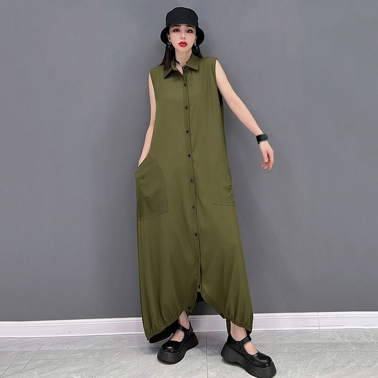 Casual Solid Color Lapel Pockets Sleeveless Single Breasted Jumpsuit      