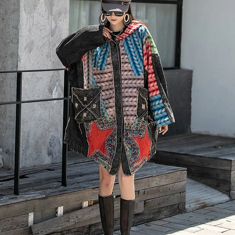 Fashion Loose Hooded Knitted Printed Patchwork Stars Pockets Split Back Hem Long Sleeve Coat      