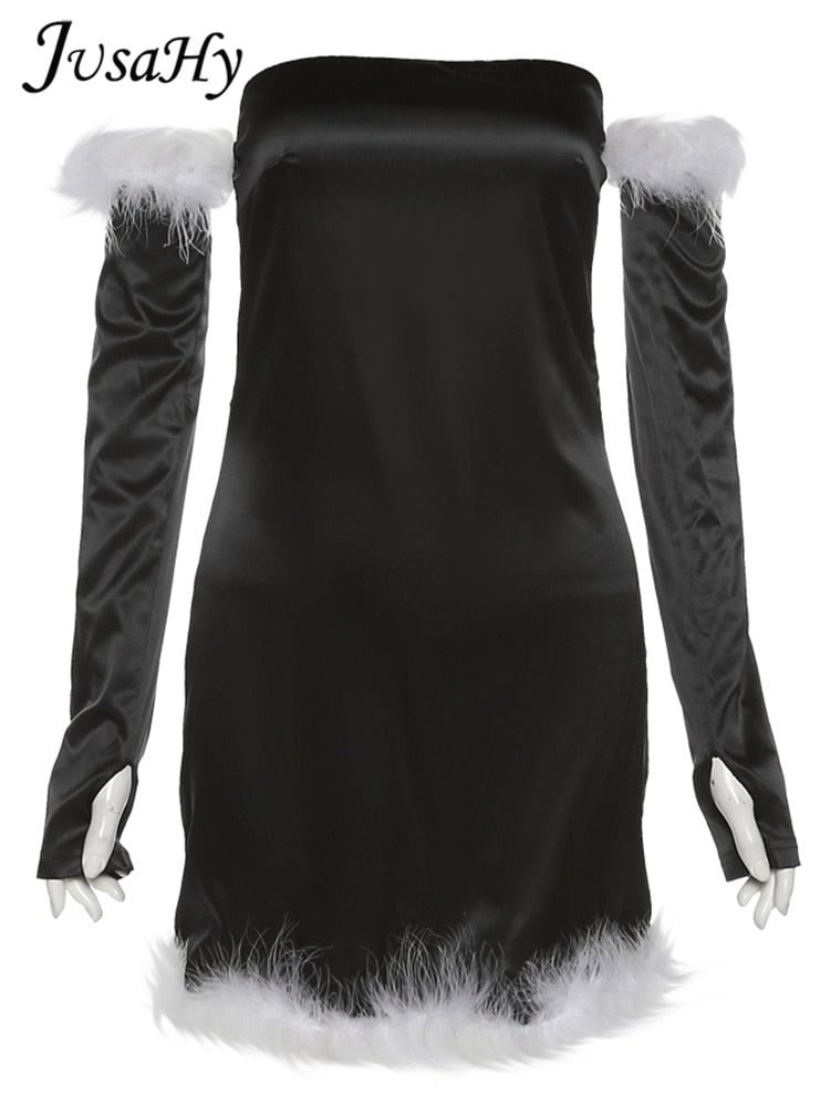 JuSaHy Elegant Sold Christmas Mini Dress for Women Fashion Slieeveless Fur Decoration Long Gloves Dress Party Clubwear Hot