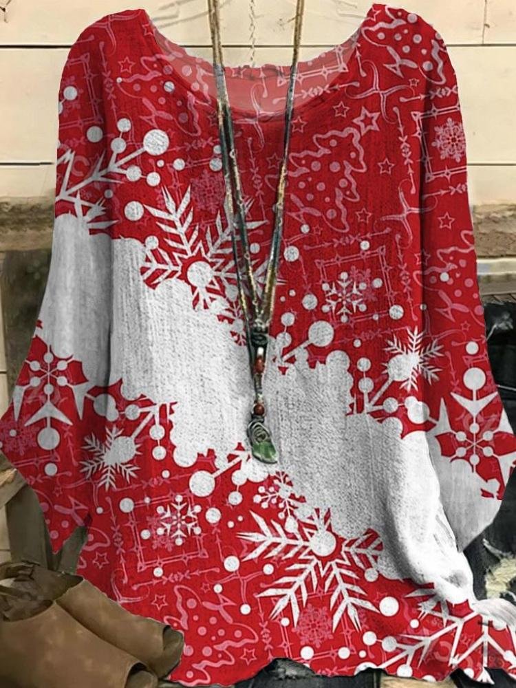 Women's Red Christmas Tree Snowflake Printed Half Sleeve T-Shirt