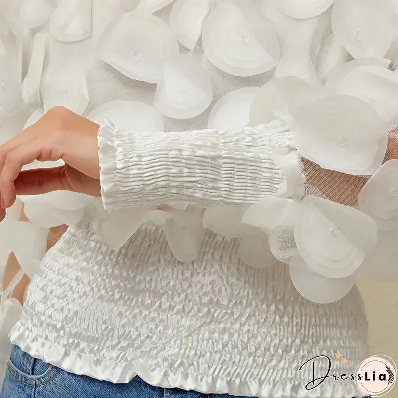 Sexy Off Shoulder Womens Tops And Blouses Mesh Sheer Puff Sleeve Tops Summer 3D Flower Vintage White Women Shirt Blouse 210308
