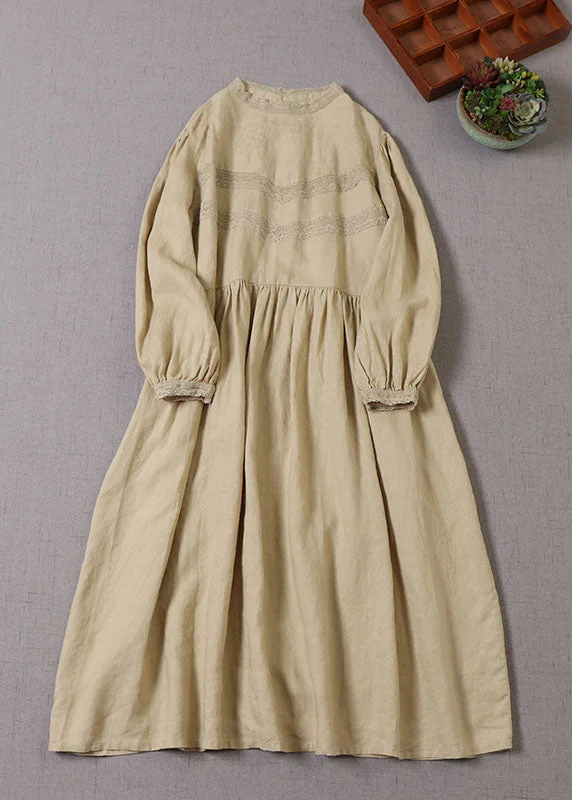 Handmade Yellow Puff Sleeve Patchwork Linen Dresses