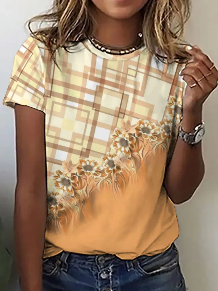 Printed Short Sleeve Casual T-shirt for  Women and Men Unisex Pattern Yellow,Plaid,Floral