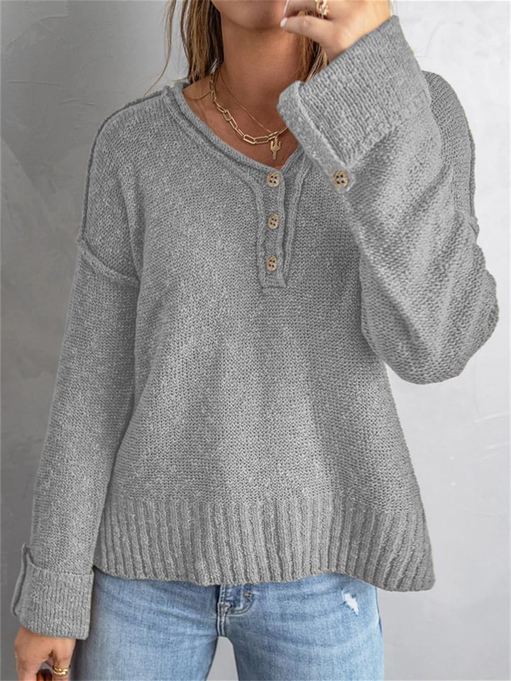 Fashion Solid Color Loose Button Knitted Sweater