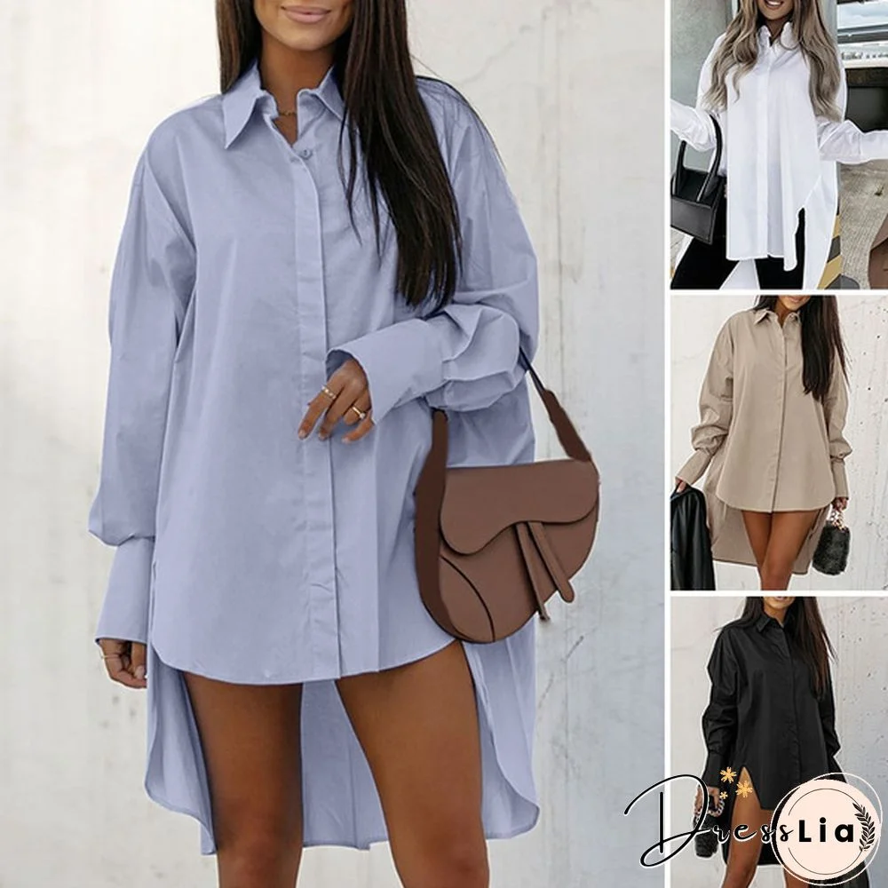 Women Casual Loose Shirt Dress Long Tops Irregular Hem Lapel Collar Long Sleeve Mini Dress Plus Size