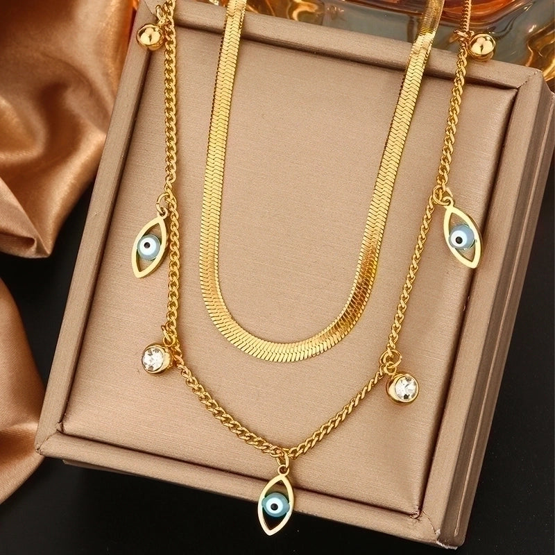 Vintage Style Commute Devil’s Eye Star Moon 304 Stainless Steel Turquoise Rhinestones Shell 18K Gold Plated Plating Inlay Layered Necklaces