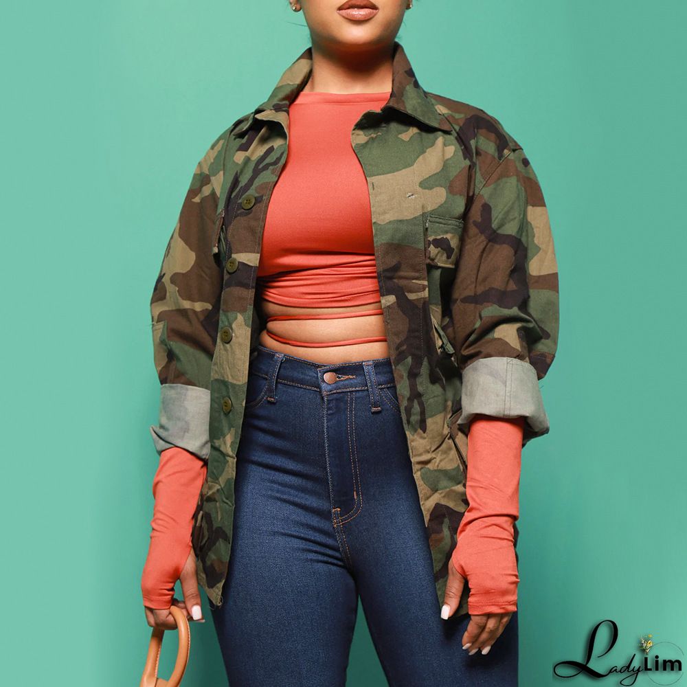 Women's Fall Camouflage Long Sleeve Turndown Collar Loose Street Jacket Women