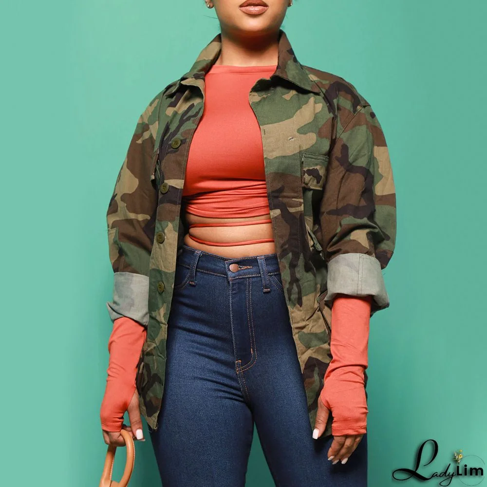 Women's Fall Camouflage Long Sleeve Turndown Collar Loose Street Jacket Women