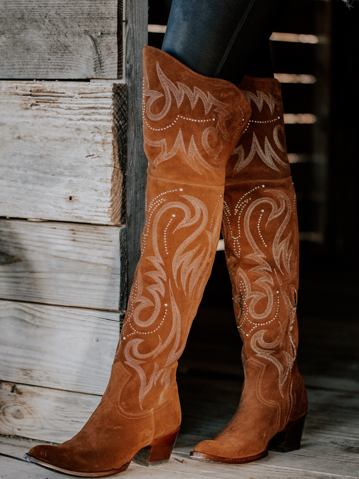 Taafo Brown Faux Suede Almond-Toe Half-Zip Embroidery Studded Tall Over-The-Knee Cowgirl Boots