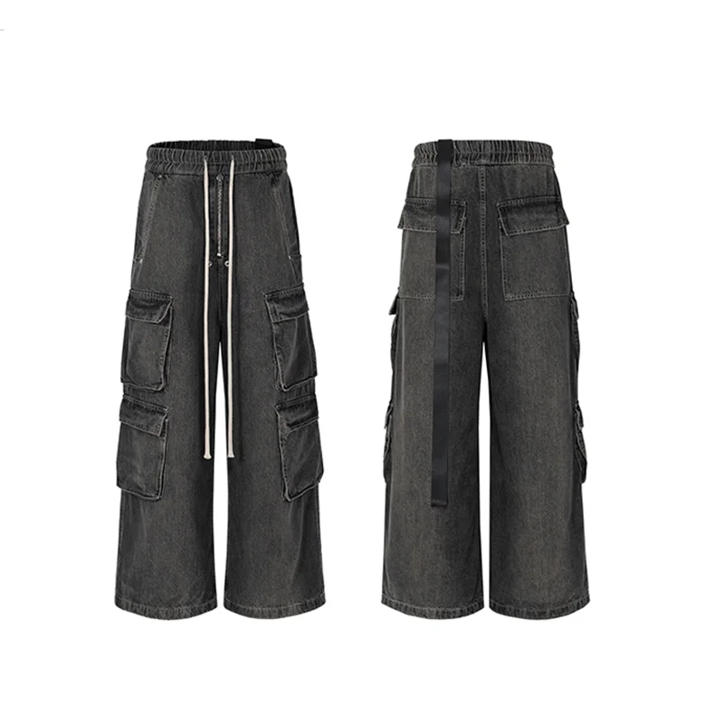 Abebey-RO Style Gradient Ribbons Multi-pockets Drawstring Jeans for Men Harajuku Streetwear Baggy Y2K Denim Trousers Oversized Cargos