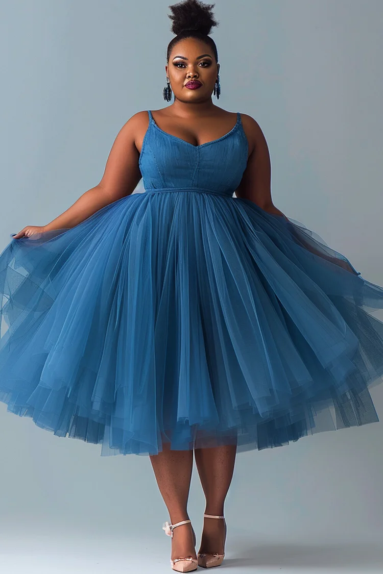 Xpluswear Design Plus Size Vacation Tulle Blue Zipper Contrast Tencel Denim Midi Dresses [Pre-Order] 2024 - Xpluswear