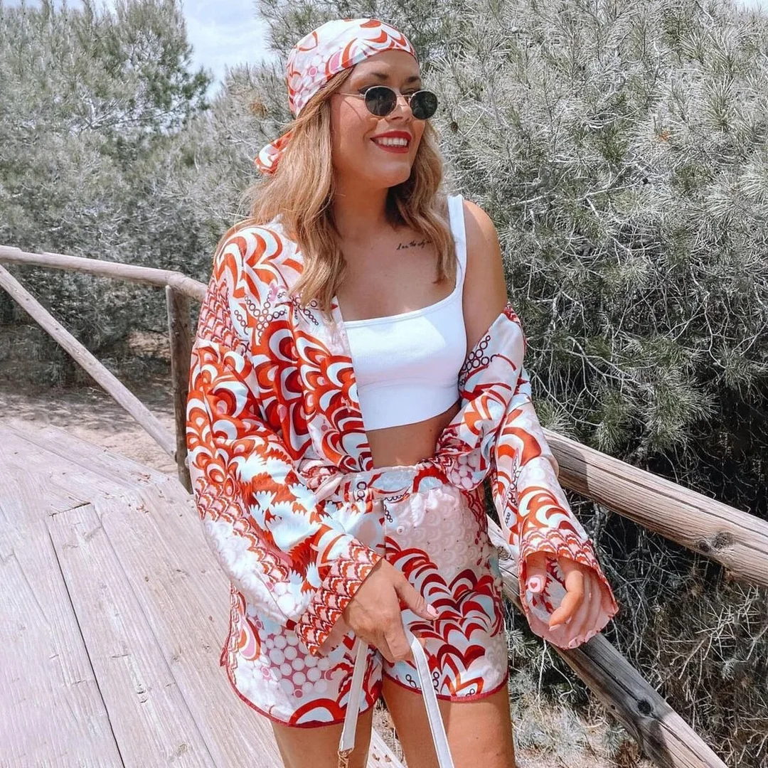 streetwear women Elegant Red Print Shirt 2021 Spring Fashion Ladies Indie Folk Suits Ladies Vinatge Totem Floral Beach Suits