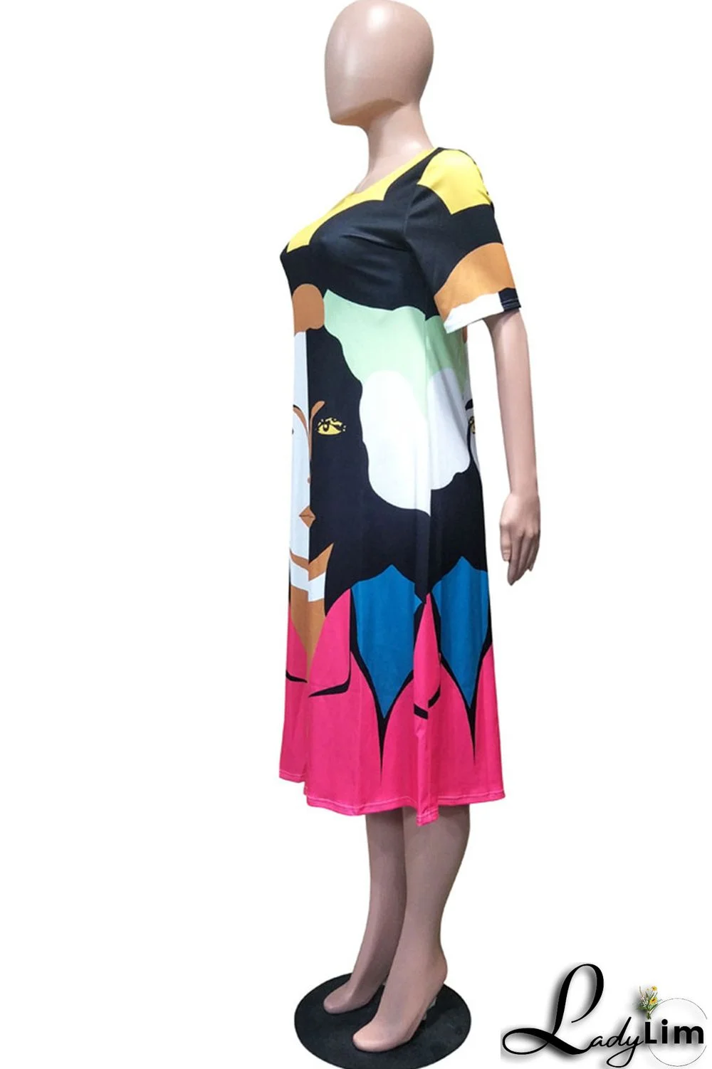 Multicolor Fashion Casual Print Basic O Neck Short Sleeve Dress
