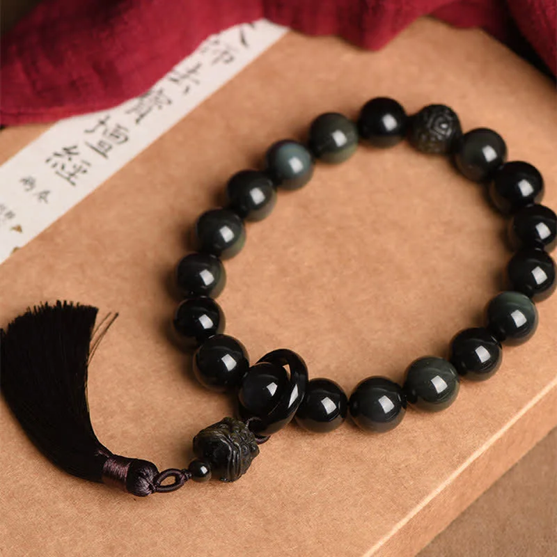 Natural Black Obsidian Lion Wrist Mala Protection Tassels Pocket Mala Car Decoration