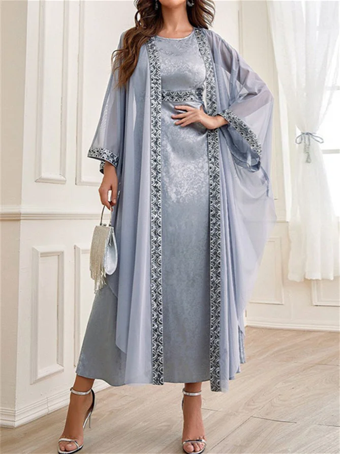 Women's Long Sleeve Scoop Neck Floral Printed Embroidery Two-Piece Midi Dress