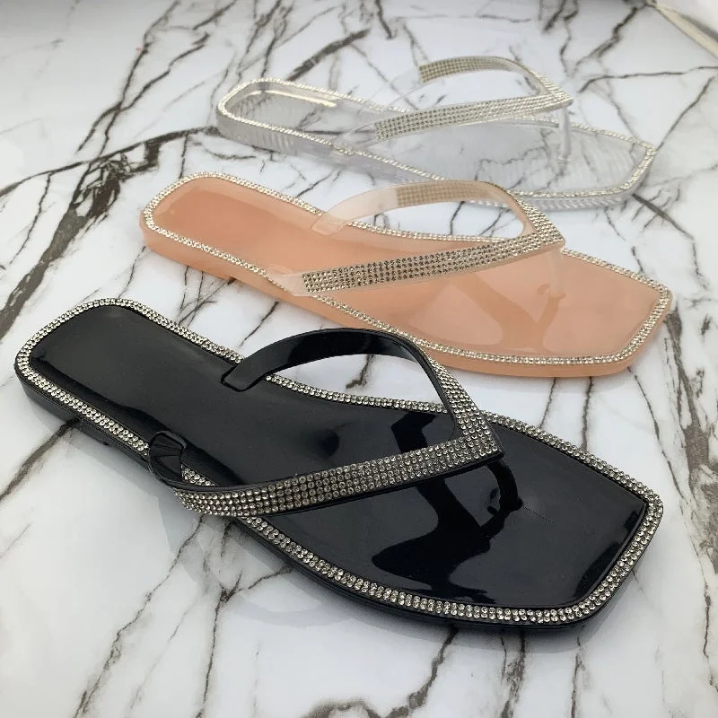Women's Summer Slippers Rhinestone Shiny Flat Slippers