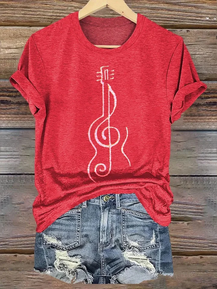 Womens Hippie Violine Art Print Casual Linen V-neck Shirt
