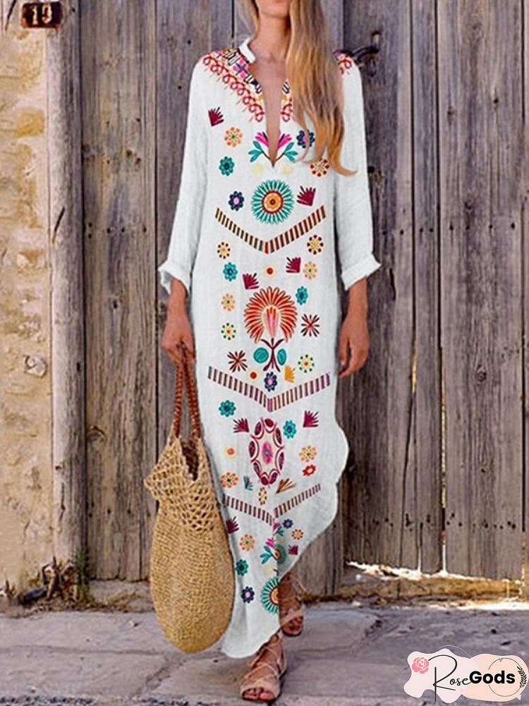 Floral-Print Long Sleeve Floral Summer Dress White Dresses