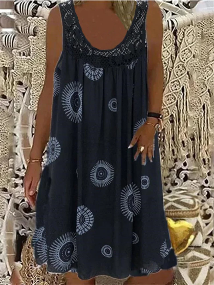 Fashion Elegant Vintage Geometric Print Loose Casual Dress