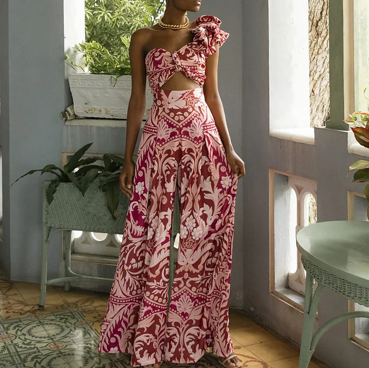 One Shoulder Ruffle Printed One Piece Swimsuit and Pant