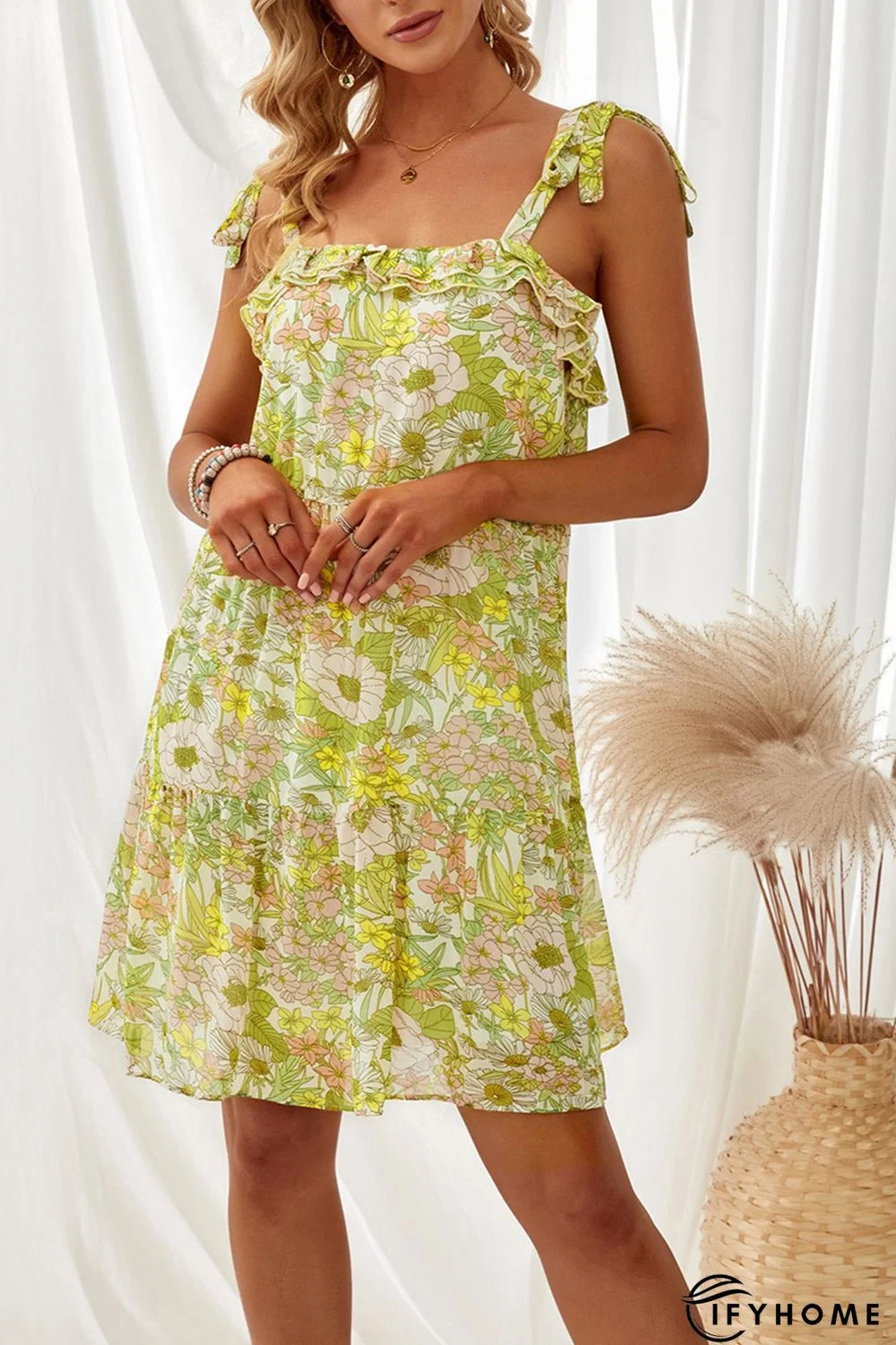 Yellow Floral Chiffon Tie Dress | IFYHOME