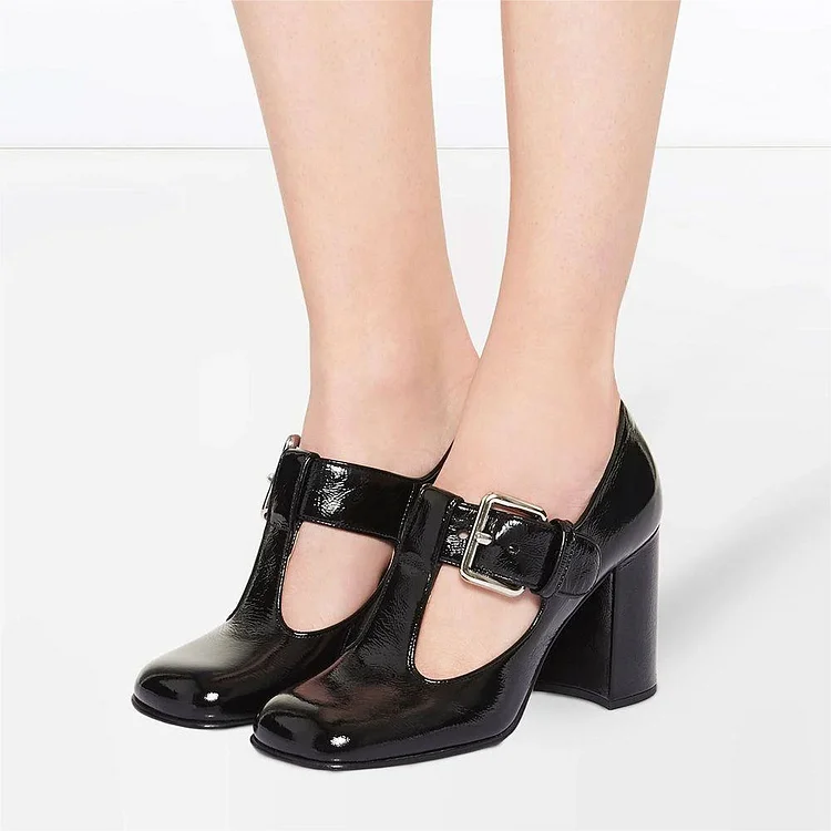 Custom Made Black T Strap Square Toe Mary Jane Heels |FSJ Shoes