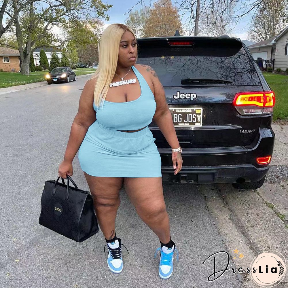 Plus Size Summer Solid Women Square Neck Sleeveless Crop Top+Elastic Waist Mini Skirt 2 Piece Set