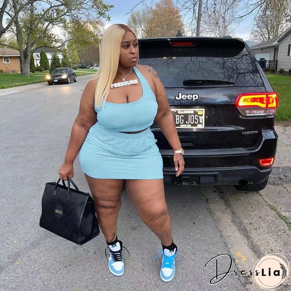 Plus Size Summer Solid Women Square Neck Sleeveless Crop Top+Elastic Waist Mini Skirt 2 Piece Set