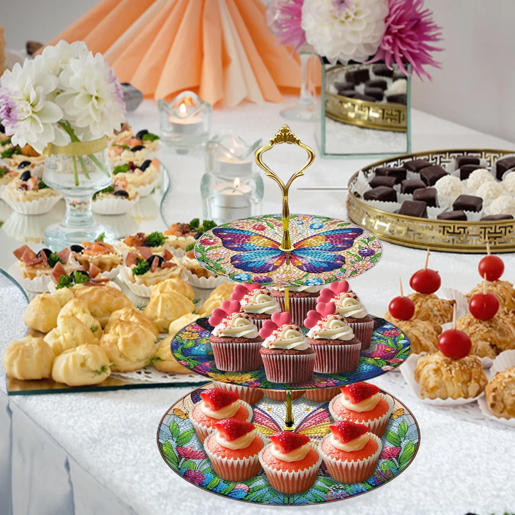 3 Tier Butterfly Round Diamond Painting Tray Food Plate for Adults Beginners
